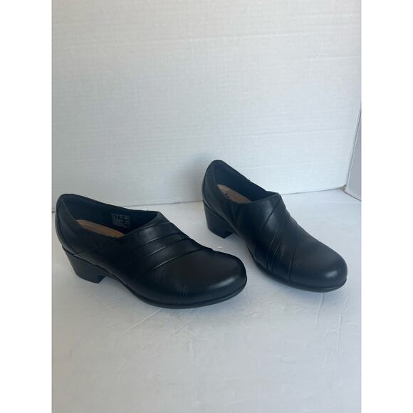 Clarks Genette Port Black Leather Casual Slip On Block Wedge Shootie Shoes 8 W - Picture 2 of 12